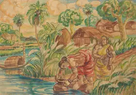 Sultan, Sheikh Mohammed (Artist). Untitled (Two women gathering water), 1990 | Painting