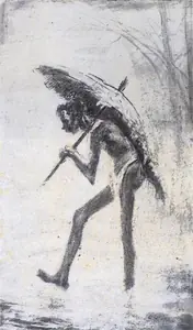 Roy Chowdhury, D.P. (Artist). Man With Umbrella, n.d. | Drawing