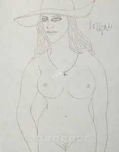 Souza, F.N. (Artist). Untitled (Nude Wearing Brimmed Hat), 1961 | Drawing