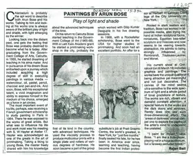 Bali, Rajesh (Writer). Paintings By Arun Bose Play of Light and Shade, 15 March 1992 | Newspaper clipping