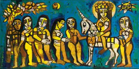 Narayan, Badri (Artist). Untitled (Parvati on Unicorn with attendants), 1963 | Painting