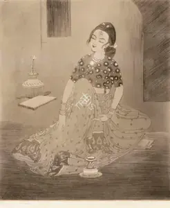 Chughtai, M.A.R. (Artist). Untitled (Seated Woman), n.d. | Graphic Art