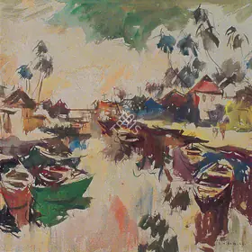 Raza SH Artist Boatscape Watercolour on paper 1948 Painting FineArts 00373323