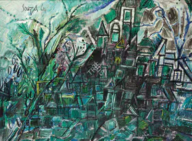Souza, F.N. (Artist). Houses On A Green Hill, 1964 | Painting