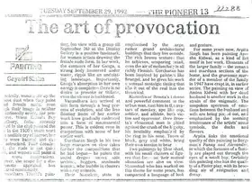 Sinha, Gayatri (Writer). The Art of Provocation, 29 September 1992 | Newspaper clipping | 00635236