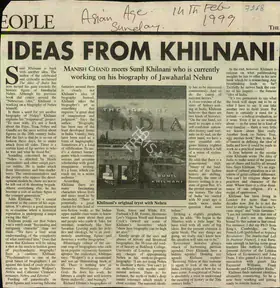 Chand, Manish (Reporter). Ideas from Khilnani, 14 February 1999 | Newspaper Clipping | 00847890