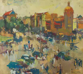 Raza SH Artist Monsoon Street Scene Bombay Watercolour on paper 1945 Painting FineArts 0022577