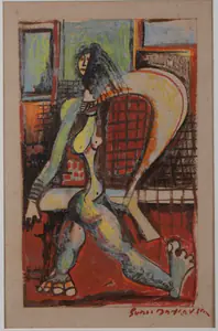 Sen, Sunil Madhav (Artist). Untitled (Striding Nude/Men with a Drum), 1960 | Painting