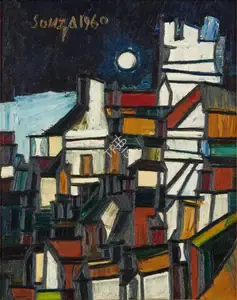 Souza, F.N. (Artist). Houses in Moonlight, 1960 | Painting