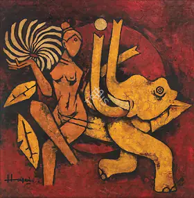 Husain, M.F. (Artist). Woman & Elephant, early 1980s | Painting