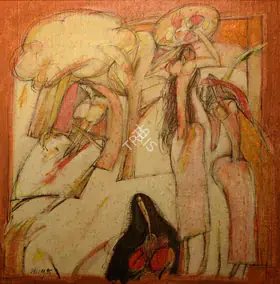 Choudhury, Dhiraj (Artist). Women carrying bowls of food with woodland, 1995 | Painting