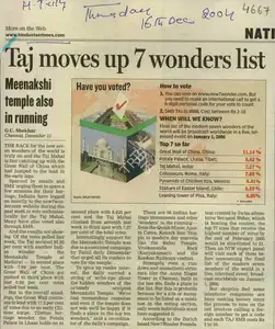 Shekhar, G.C. (Reporter). Taj Moves up 7 Wonders list, 16 December 2004 | Newspaper Clipping | 00848113