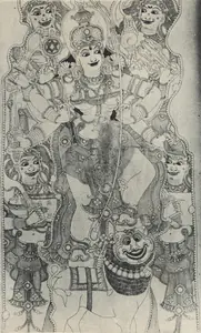 Unknown (Artist). Durga, Eight Armed, Holding the weapons of the Gods, Standing on her Lion, on Army of Amazons Escorts Her, n.d. | Drawing