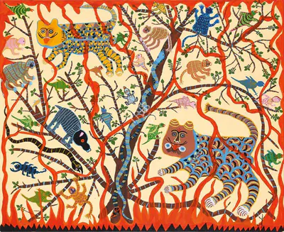 Baiga, Jodhaiya Bai (Artist). Bandhavgarh Ka Jalta Jungle, 2022 | Painting