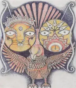 Reddy, P.T. (Artist). Krishna and Satyabhama on Garuda, 1973 | Painting