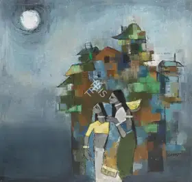 Lahoti, Murli (Artist). Untitled (Riverside village with two women), n.d. | Painting