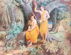 Chakravorty, P.C. (Artist). Dusyanta and Shakuntala in the Forest, n.d. | Painting