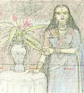 Pyne, Ganesh (Artist). Woman And A Flower Vase, 1992 | Drawing