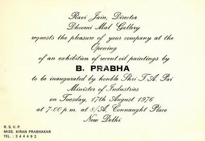 Prabha, B. (Artist). An Exhibition of recent oil paintings by B. Prabha, 1976 | Solo Exhibition Invitation | 00859786