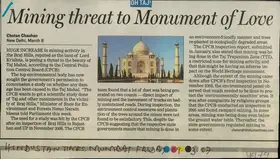 Chauhan, Chetan (Reporter). Mining Threat to Monument of Love, 09 March 2007 | Newspaper Clipping | 00848648