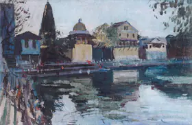 Langhammer, Walter (Artist). Banganga Tank And Walkeshwar Temples, Malabar Hill, Bombay, c.1940-50 | Painting