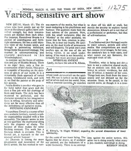 Malik, Keshav (Writer). Varied, Sensrtive Art Show, 16 March 1987 | Newspaper clipping | 00635228