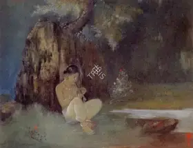 Chakravorty, P.C. (Artist). Krishna Seated by a Pond playing the Flute, n.d. | Painting