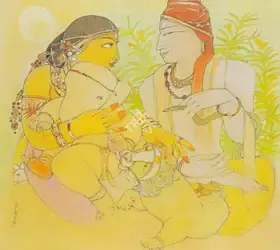 Bandopadhyay, Ramananda (Artist). Shiva Parvati and Ganesh, 1998 | Painting