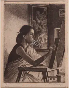 Chakravorty, Ramendranath (Artist). A Girl in a Studio, n.d. | Graphic Art