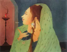 Chughtai, M.A.R. (Artist). Maiden Contemplating Moths At A Flame, n.d. | Painting
