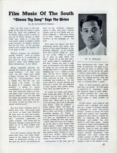 Satakopan, R. (Essayist). Film Music of the South - "Choose thy song" says The Writer. In <i>Filmindia.</i> 8(10), pp. 43-44. Bombay: Baburao Patel, October 1942 | Essay | CinemaEducation | 00858723