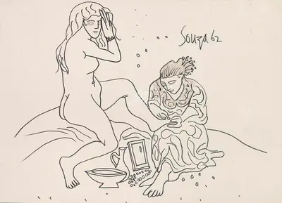 Souza, F.N. (Artist). Untitled (Bathsheba at her Bath), 1962 | Drawing