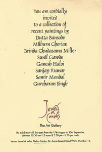 The Art Gallery (Organiser). A Collection of Recent Paintings Dutta Bansode, Milburn Cherian, Brinda Chudasama Miller, Sunil Gawde, Ganesh Haloi, Sanjay Kumar, Samir Mondal and Gurcharan Singh, n.d. | Group Exhibition Invitation | 00858836