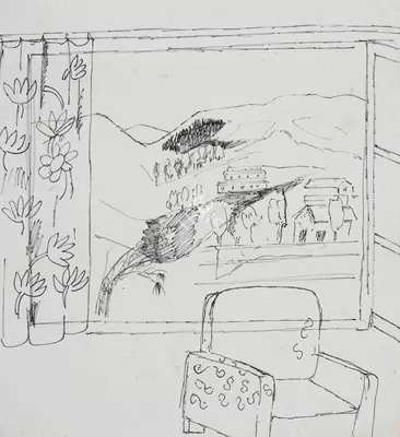 Khakhar, Bhupen (Artist). Untitled (Landscape through a Window), late 1980s | Drawing