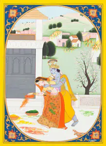 Kumar, Rajeev (Artist). Untitled (Krishna and Radha playing Holi), n.d. | Painting