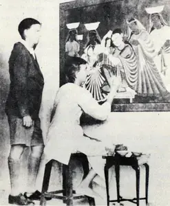 Unknown (Photographer). Gurusaday Dutt watches Mataru Chitrakar working on a Chauka, n.d. | Contemporary Photograph
