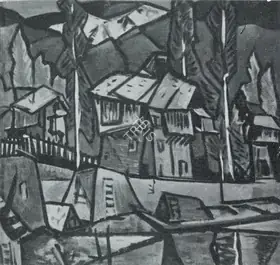 Kaul, Triloke (Artist). Huts and Poplars, n.d. | Painting