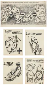 Husain, M.F. (Artist). Cow Umbrella plus Lantern minus a Shoe is equal to Man and Woman, c.1967 | Graphic Art