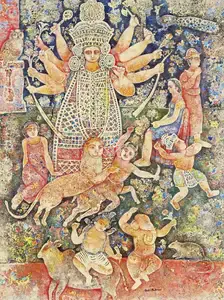 Burman, Sakti (Artist). Ganesh and Kartik dancing in front of Durga, 2011 | Painting