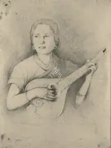 Trindade, A.X. (Artist). Lady Playing A Mandolin, c.1915 | Drawing