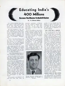 Abbas, Khwaja Ahmad (Essayist). Educating India's 400 Millions. In <i>Filmindia.</i> 7(8). August 1941 | Essay | 00858722