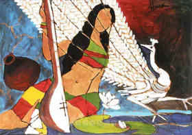Husain, M.F. (Artist). Woman With Peacock, n.d. | Painting
