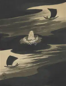 Tagore, Gaganendranath (Artist). Epar Ganga Opar Ganga Madhikhane Char Tari Maddhye Base Aachen Shiv Saudagar, 1929 | Painting