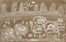 Mashe, Jivya Soma (Artist). Untitled (Seated Gods at Sunrise) (Warli), n.d. | Painting