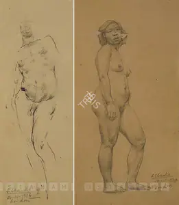 Chavda, Shiavax (Artist). Studies of Woman, 1936 | Drawing