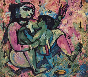 Paniker KCS Artist Mother and Child Oil on paper 1955 Painting FineArts 00599078