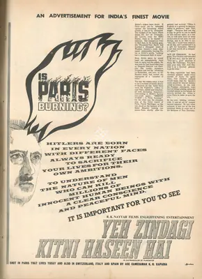 Nayyar, R.K. (Producer), Yeh Zindagi Kitni Haseen Hai, 1966. Is Paris Burning? | Advertisement