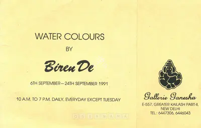 De, Biren (Artist). Water Colours by Biren De, 1991 | Solo Exhibition Invitation | 00859067
