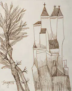 Souza, F.N. (Artist). Townscape With Trees, 1956 | Drawing