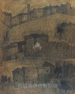 Raza, S.H. (Artist). Houses, 1952 | Drawing